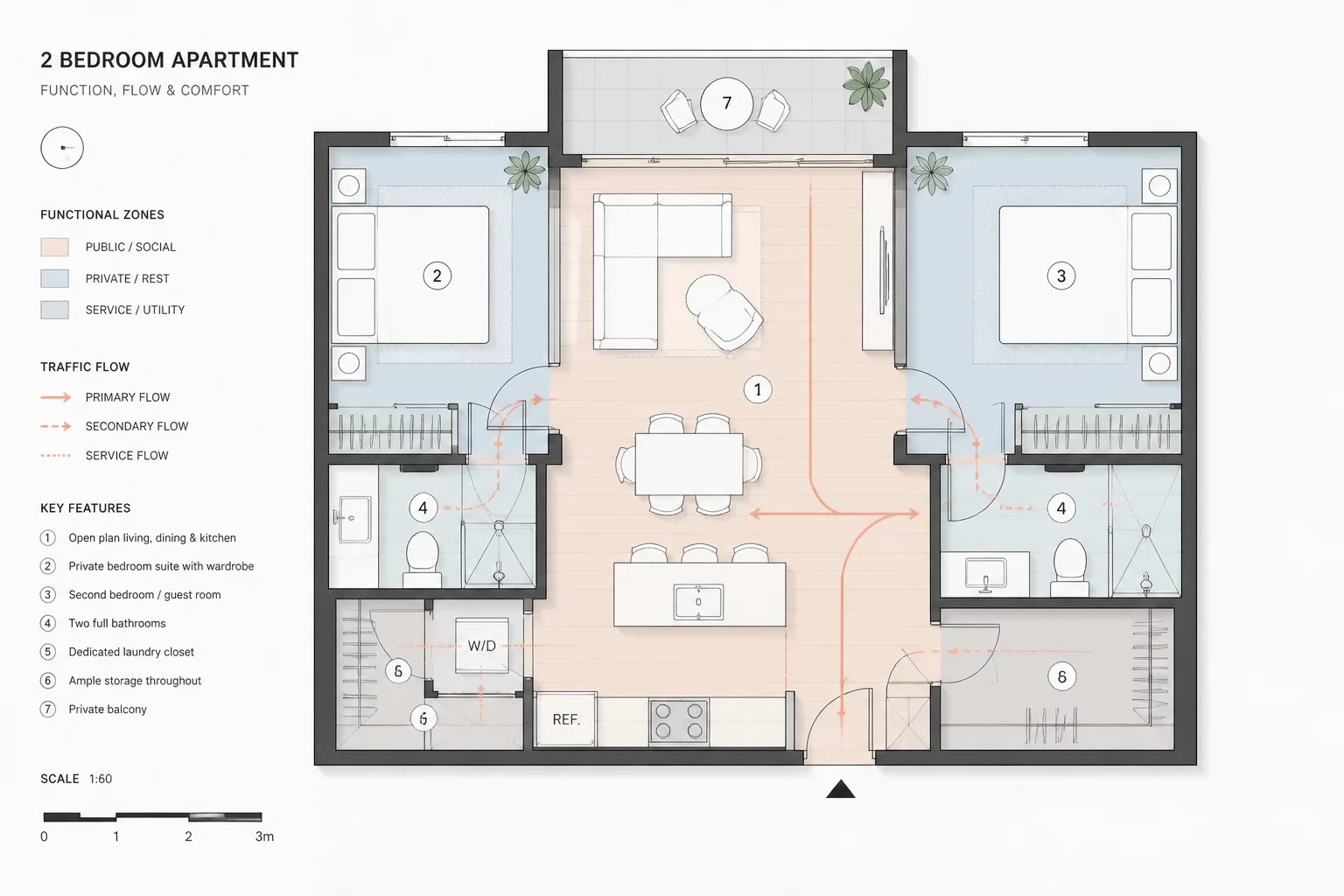 Architectural layout analysis showcasing ergonomic zones