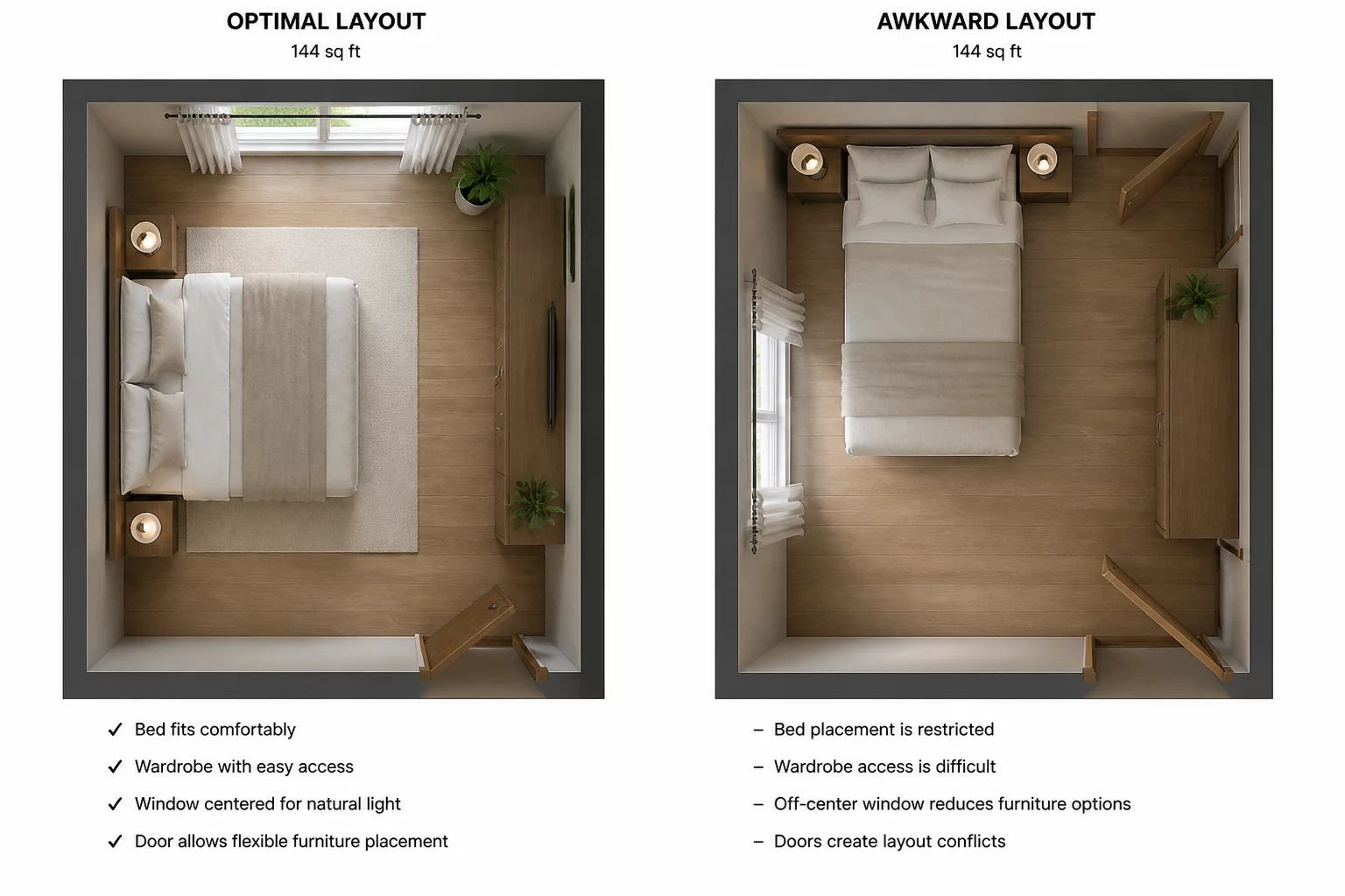 Two Bedrooms With the Same Area Worked Differently